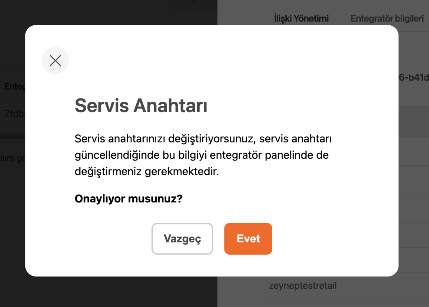 Yeni servis anahtarı oluşturma uyarısı