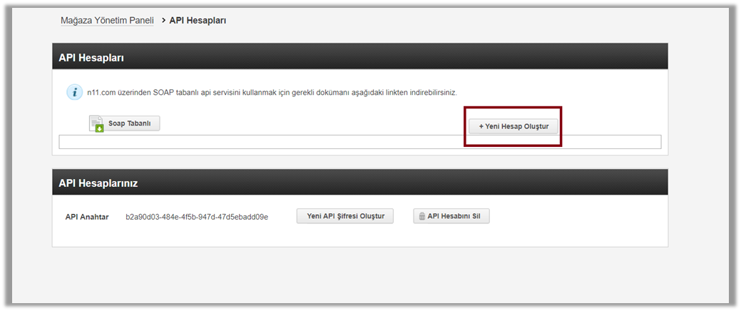 N11 - Yeni API Hesabı Oluştur butonu