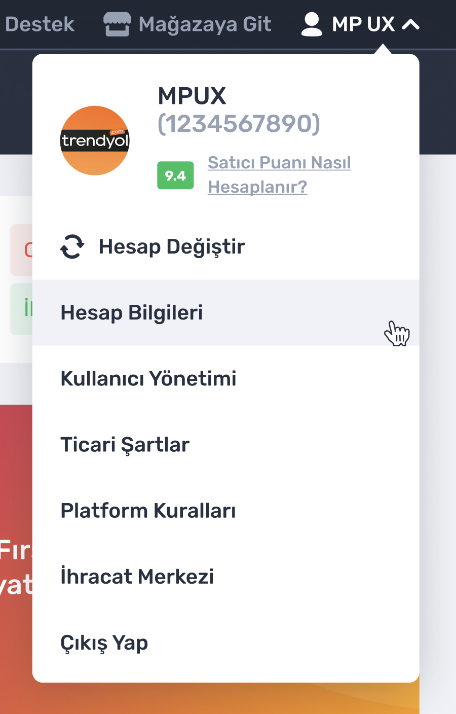 Hesap Bilgileri menüsü