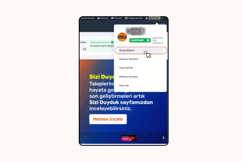 Trendyol Satıcı Paneli - Hesap Bilgileri menüsü